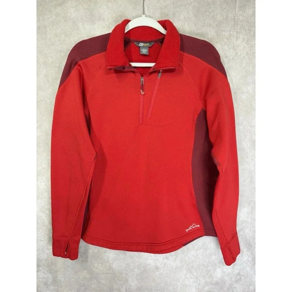 Eddie Bauer Sport 1/4 Zip Pullover Womens XL Red Thumbholes Fleece Lined Running - Picture 2 of 10